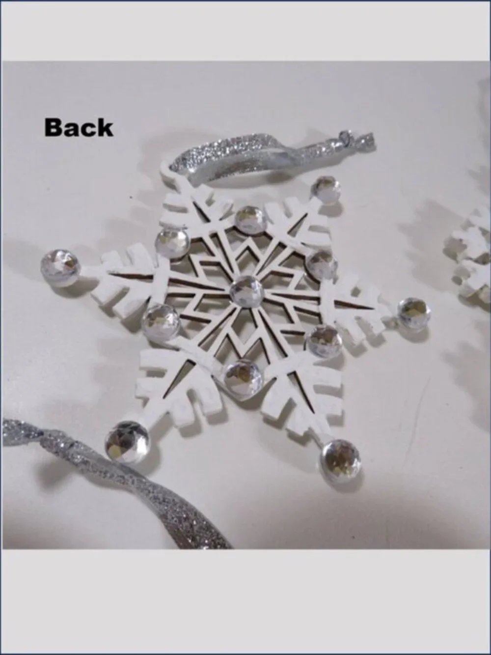 White Wood Snowflake Ornaments Set 6 Rhinestone Double Sided Hand Painted